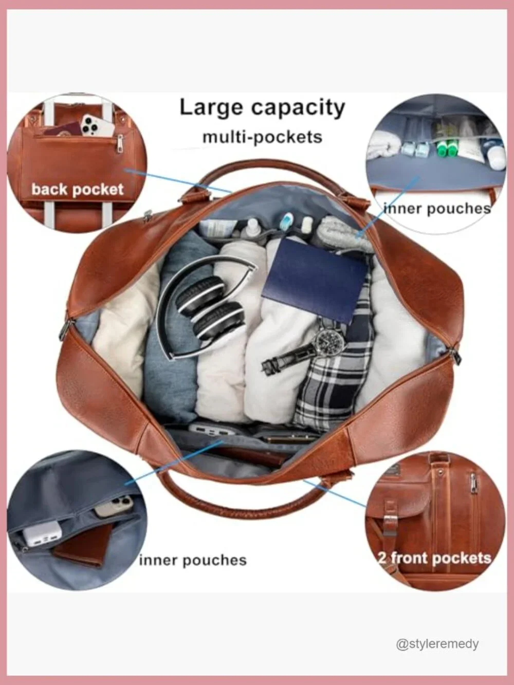 Faux Leather Travel Duffel Bag Large Weekender Overnight with Shoe Compartment